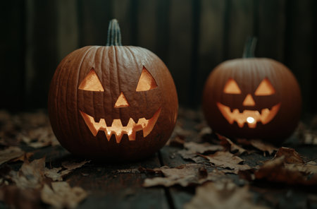 Spooky jack-o'-lanterns glowing in the darkの素材