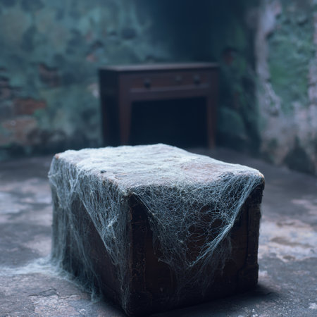 Mysterious object covered in cobwebs in a dark forestの素材