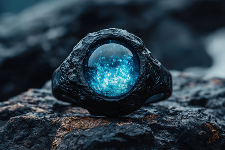 Mystical crystal ball in dark rocky landscapeの素材