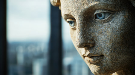 Weathered stone face with piercing blue eyesの素材