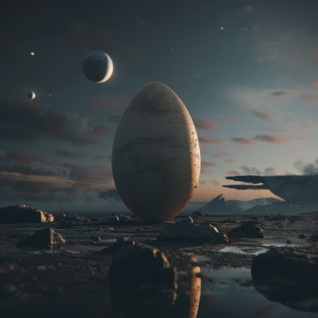 Surreal alien landscape with floating egg-shaped rockの素材