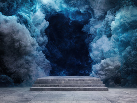 Dramatic stormy sky with dark clouds and marble stairsの素材