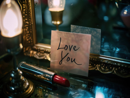 Romantic love message with lipstick and candleの素材
