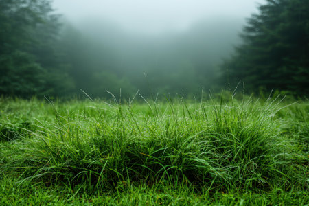 Misty forest floor with lush green grass and foliageの素材