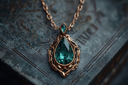 Elegant emerald pendant on antique bookの素材