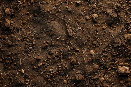 Detailed view of dark brown soil texture with stones and plant debrisの素材