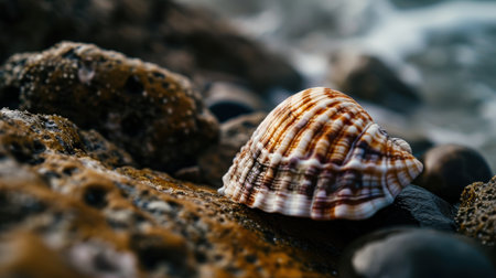 Seashell on rocky shoreの素材