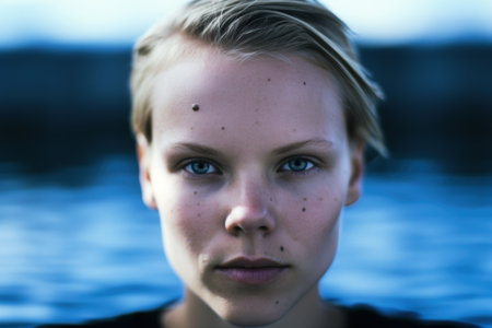 close-up portrait of a young woman with freckles and blue eyesの素材
