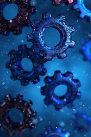 Glowing blue gears and cogs in a futuristic, technological sceneの素材