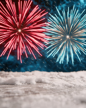 Vibrant fireworks display over snowy landscapeの素材