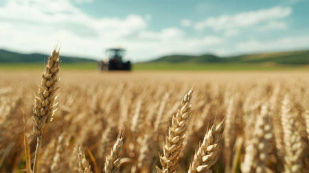 Wheat field with tractor in the distanceの素材