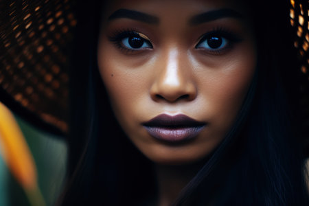 Intense gaze of a woman with dark skin and makeupの素材