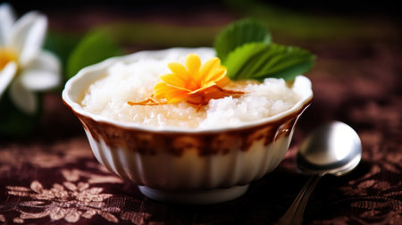 Delicious creamy rice pudding with flower garnishの素材