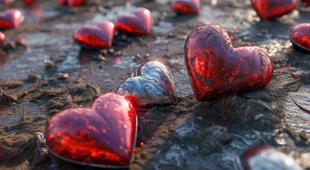 Romantic red hearts on dark surfaceの素材
