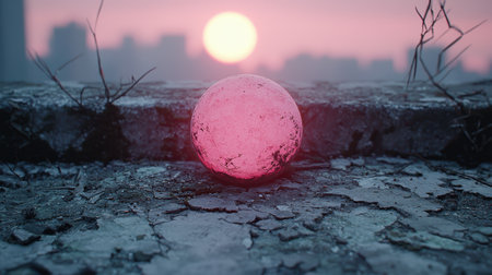 Glowing pink sphere in snowy landscape at sunsetの素材