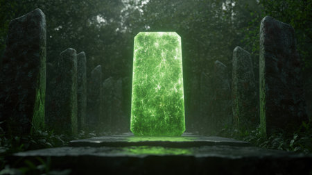 Glowing green crystal in mystical forestの素材