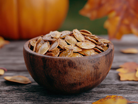 Roasted pumpkin seeds in a wooden bowlの素材