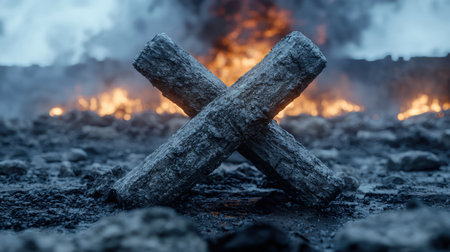 Burning logs in a winter landscapeの素材