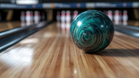 Bowling ball on wooden bowling alleyの素材