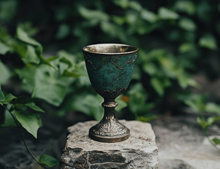 Ornate antique chalice in a lush gardenの素材