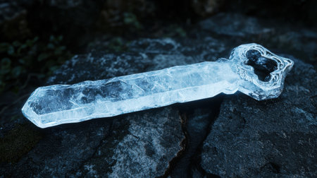 Frozen crystal clear ice sculpture on dark rocksの素材
