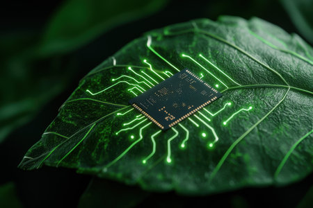 futuristic circuit board on green leafの素材