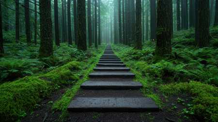 Enchanting forest path with wooden stepsの素材