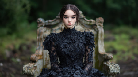 Mysterious woman in dark floral dressの素材