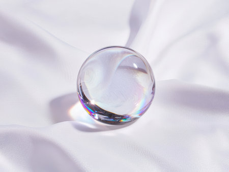 Iridescent glass sphere on white fabricの素材
