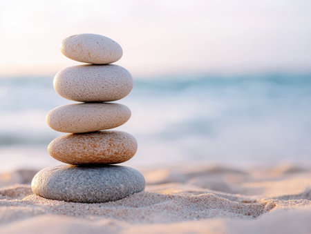 Balanced zen stones on beach at sunsetの素材