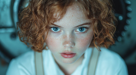 Captivating portrait of a young woman with striking blue eyes and curly red hairの素材