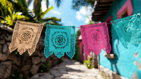 Colorful mexican fiesta decorations hanging in tropical gardenの素材