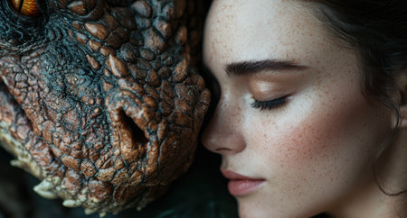 Close-up of a person's face with eyes closed, surrounded by textured, natural elementsの素材