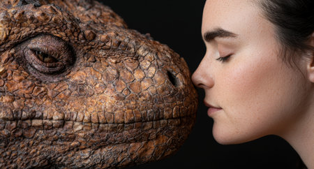 close-up of a person's face next to a large reptile eyeの素材