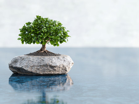 Tranquil bonsai tree on rock in waterの素材