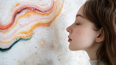 profile of a young girl with closed eyes and colorful abstract backgroundの素材