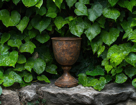 Antique metal cup in lush green foliageの素材