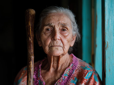 Elderly woman with weathered face holding wooden caneの素材
