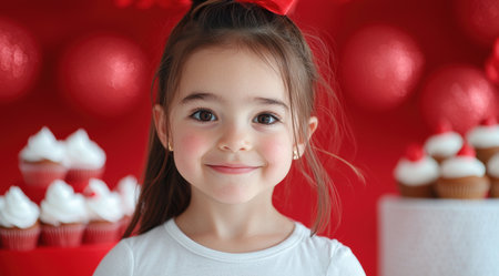 smiling young girl in front of red background with cupcakesの素材