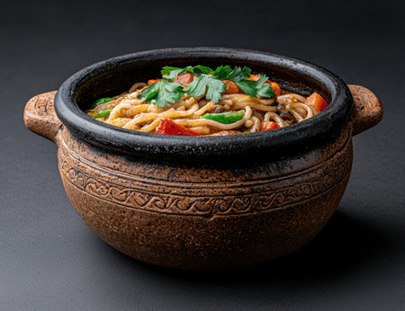 Hearty vegetable and noodle stew in rustic ceramic bowlの素材