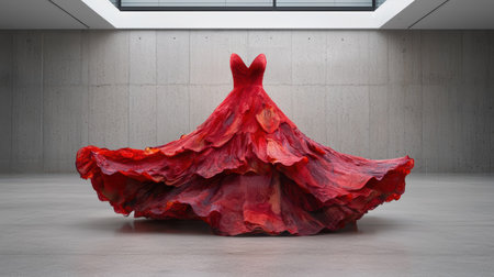 Dramatic red dress sculpture in modern art galleryの素材