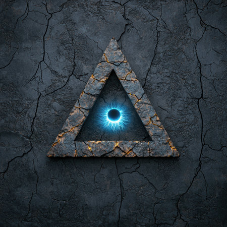 Mysterious glowing eye within a cracked stone triangleの素材