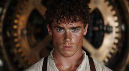 Rugged young man with intense gazeの素材