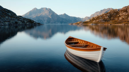 serene mountain lake with wooden boatの素材