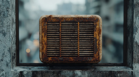 Vintage rusty metal grill in window frameの素材