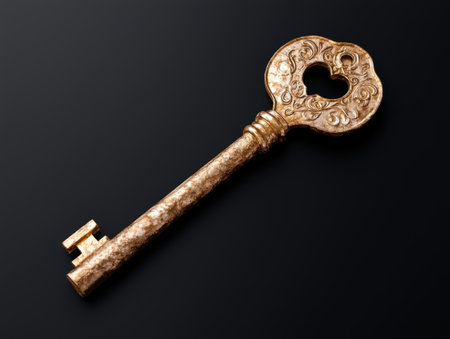 Ornate antique key on black backgroundの素材