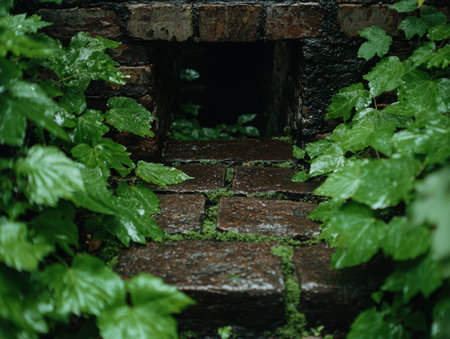 Overgrown brick steps in lush green foliageの素材
