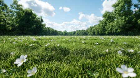 Lush green meadow with white flowersの素材
