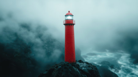 Vibrant red lighthouse standing tall against a stormy seaの素材
