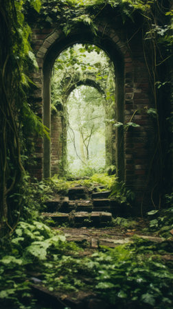 Enchanting moss-covered archway in lush forestの素材